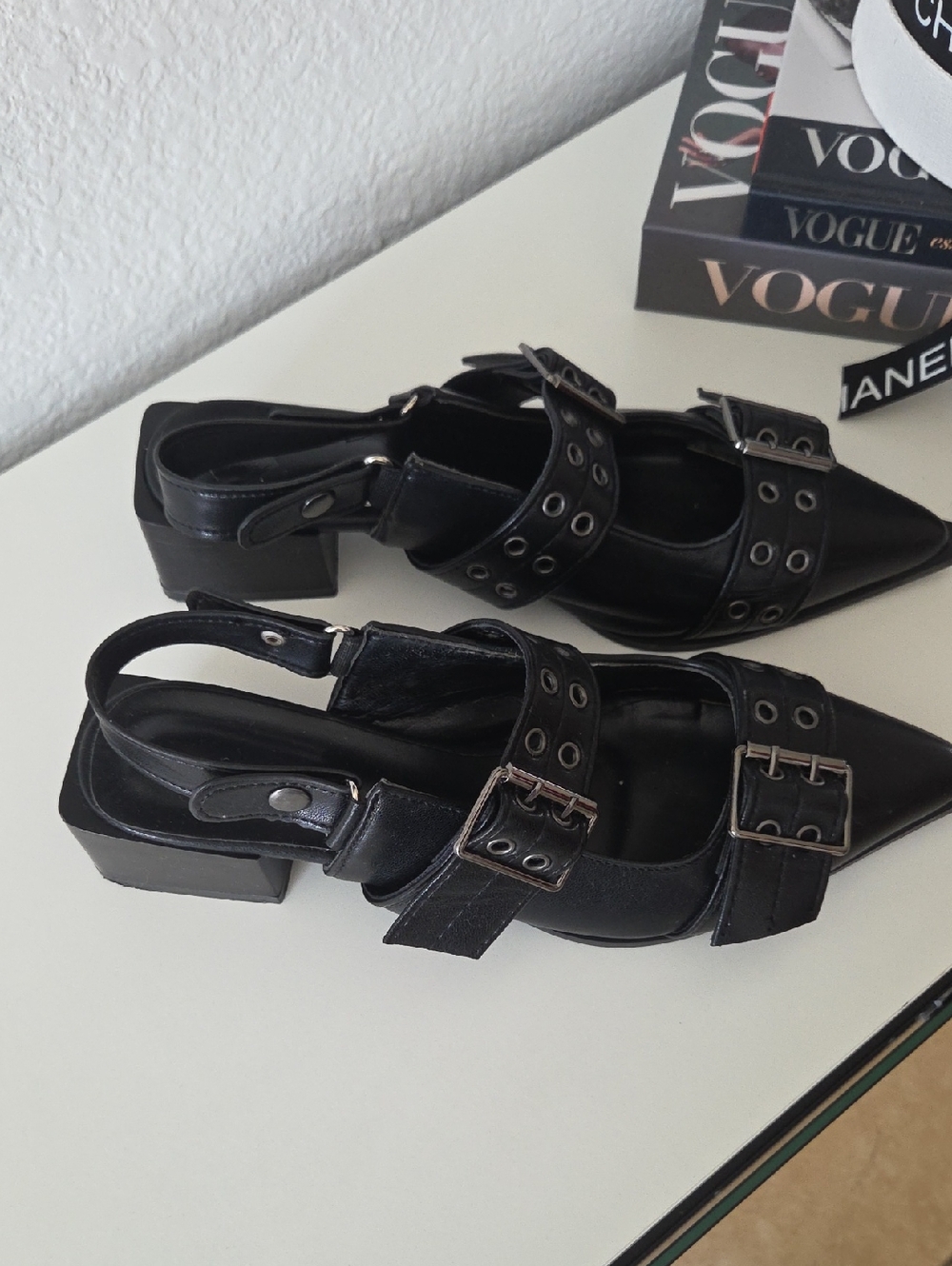 Black Buckle Strap Pointed Slingback Heels